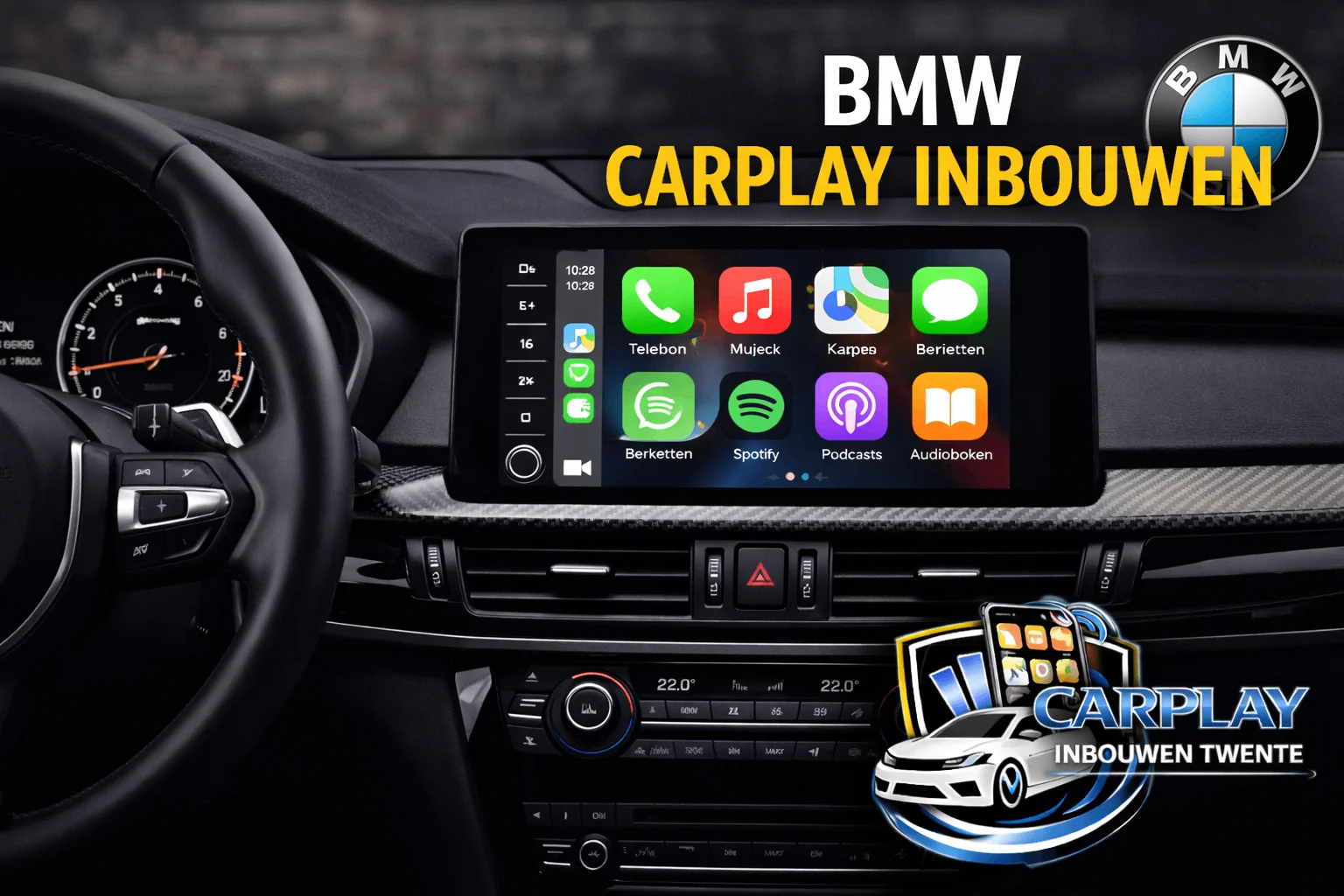 BMW iDrive scherm met Apple CarPlay interface in split-screen weergave
