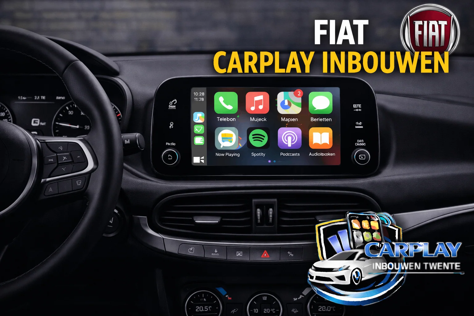 Close-up van Fiat 500 dashboard met nieuw CarPlay scherm