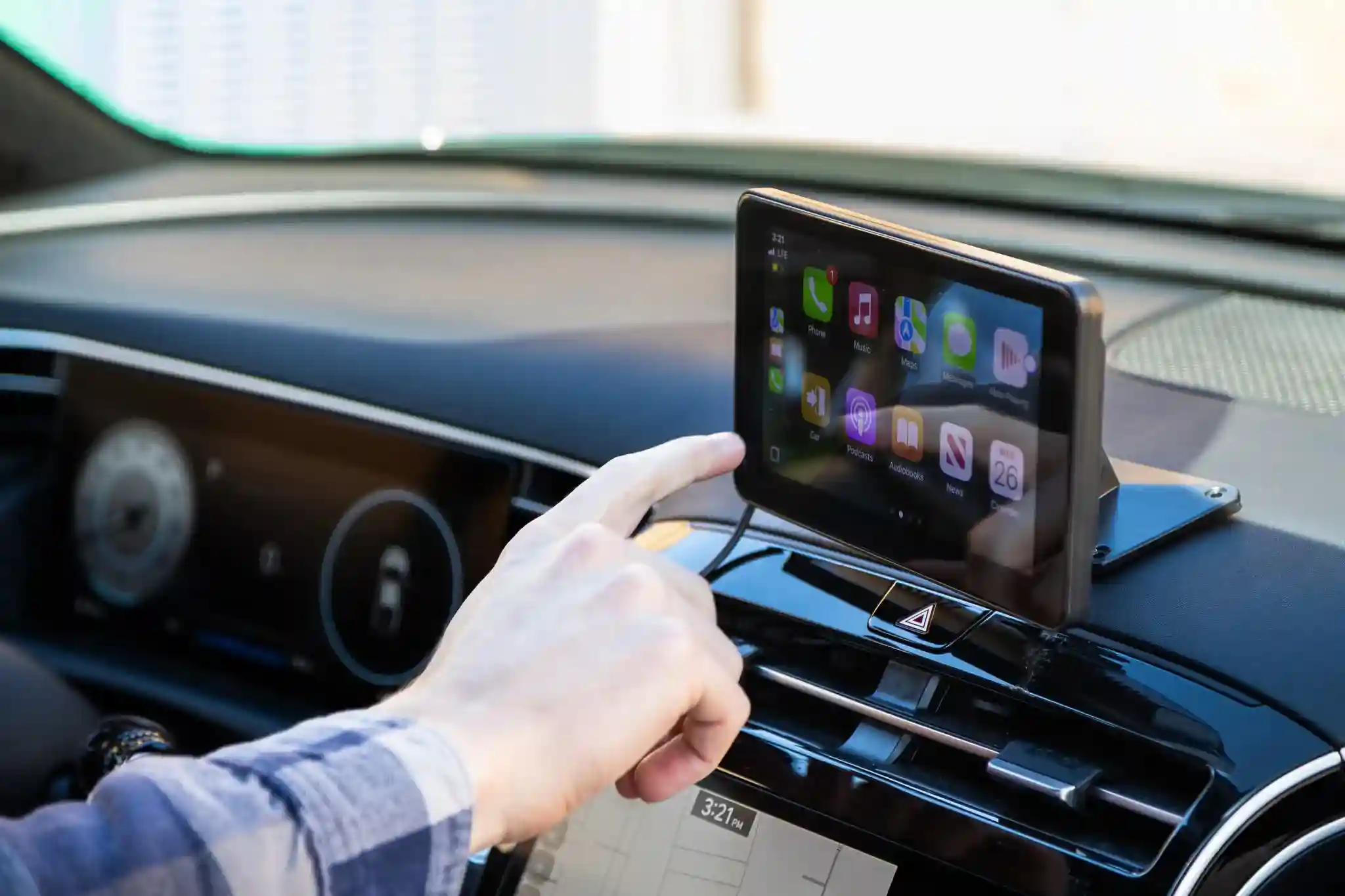 Modern car dashboard with Apple CarPlay touchscreen display