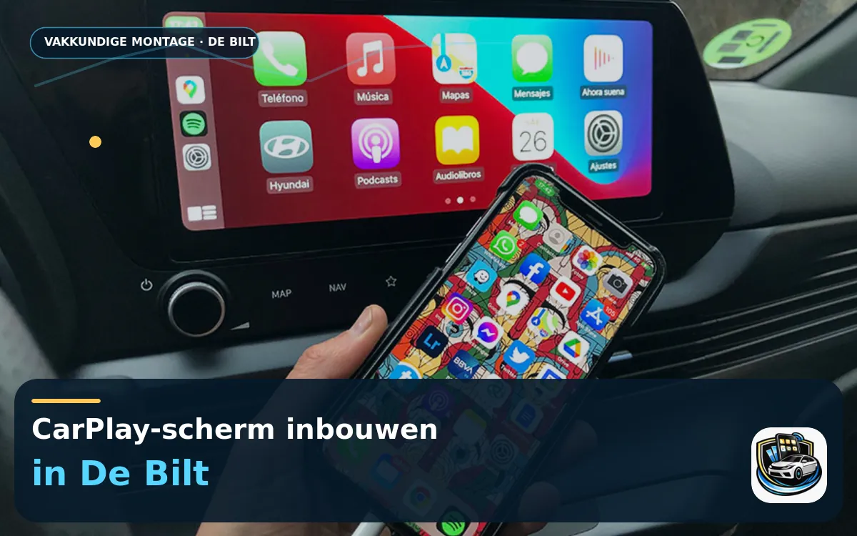 CarPlay inbouwen De Bilt: de tweede gezinsauto ook bij de tijd — CarPlay-scherm en smartphone tijdens gebruik