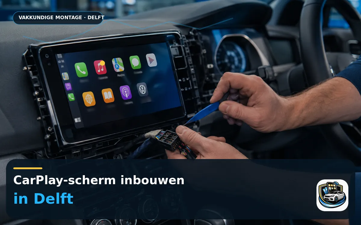 CarPlay en Android Auto inbouwen Delft — CarPlay-scherm en smartphone tijdens gebruik