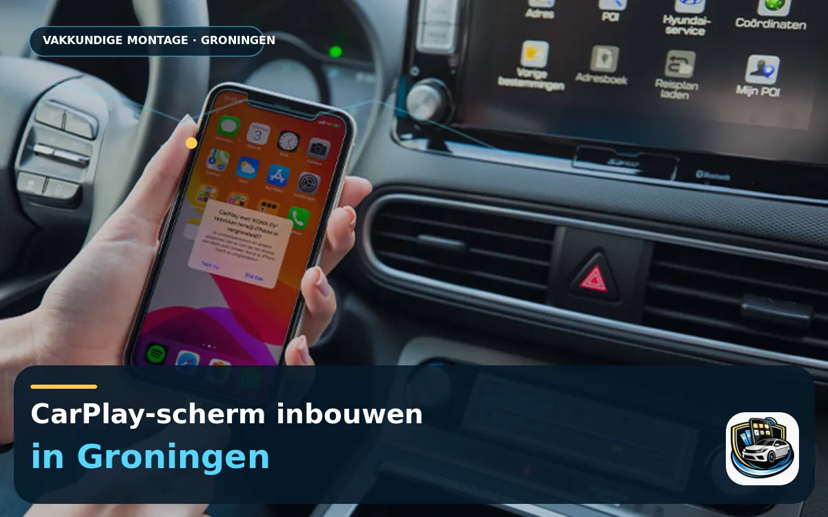 CarPlay en Android Auto inbouwen Groningen — CarPlay-scherm en smartphone tijdens gebruik