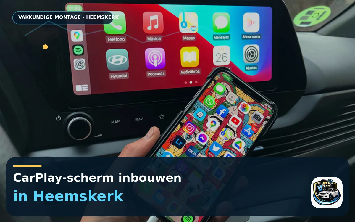 Touchscreen met CarPlay inbouwen Heemskerk — CarPlay-scherm en smartphone tijdens gebruik