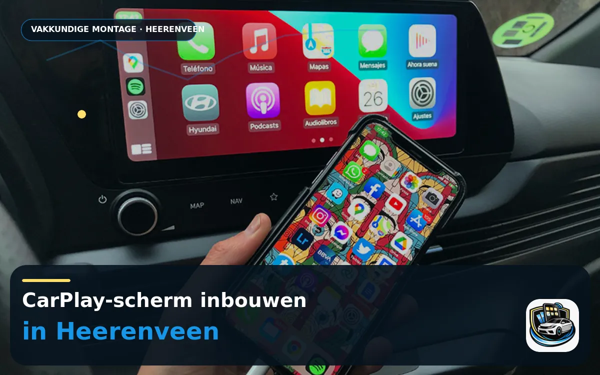 CarPlay scherm laten inbouwen Heerenveen — CarPlay-scherm en smartphone tijdens gebruik