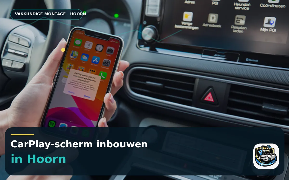 CarPlay en Android Auto inbouwen Hoorn — CarPlay-scherm en smartphone tijdens gebruik