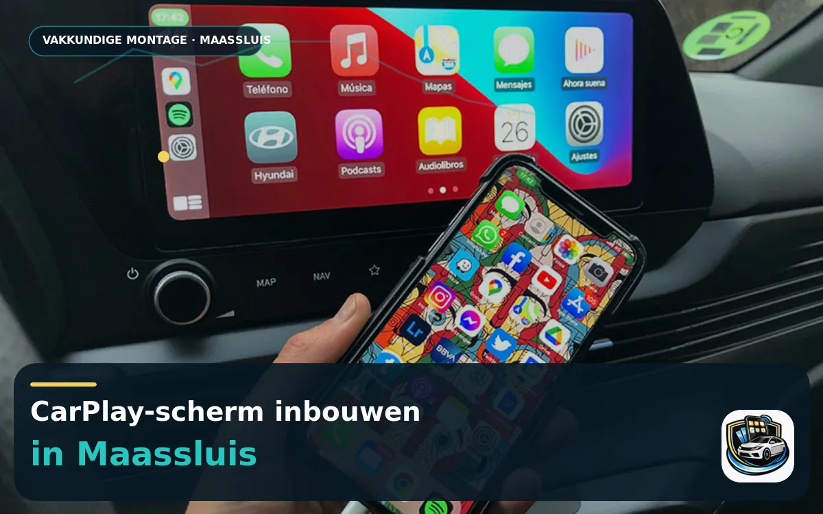 Touchscreen met CarPlay inbouwen Maassluis — CarPlay-scherm en smartphone tijdens gebruik