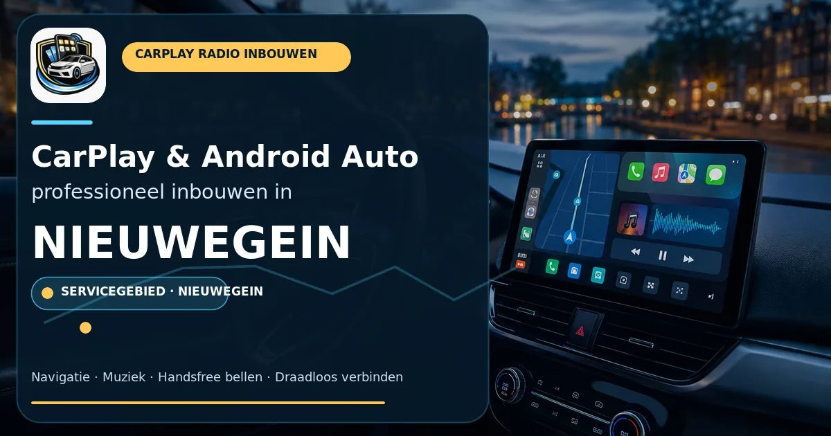 CarPlay inbouwen Nieuwegein: modern scherm voor stad en snelweg — CarPlay- en Android Auto-radio in een auto-interieur