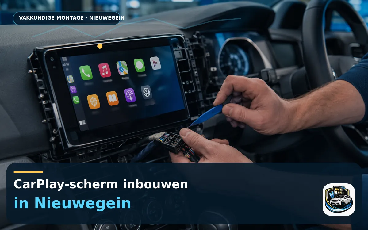 CarPlay inbouwen Nieuwegein: modern scherm voor stad en snelweg — CarPlay-scherm en smartphone tijdens gebruik