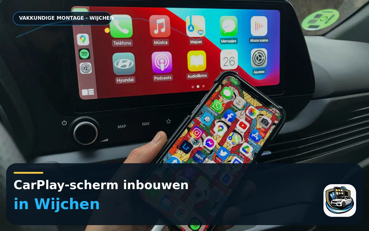 Touchscreen met CarPlay inbouwen Wijchen — CarPlay-scherm en smartphone tijdens gebruik