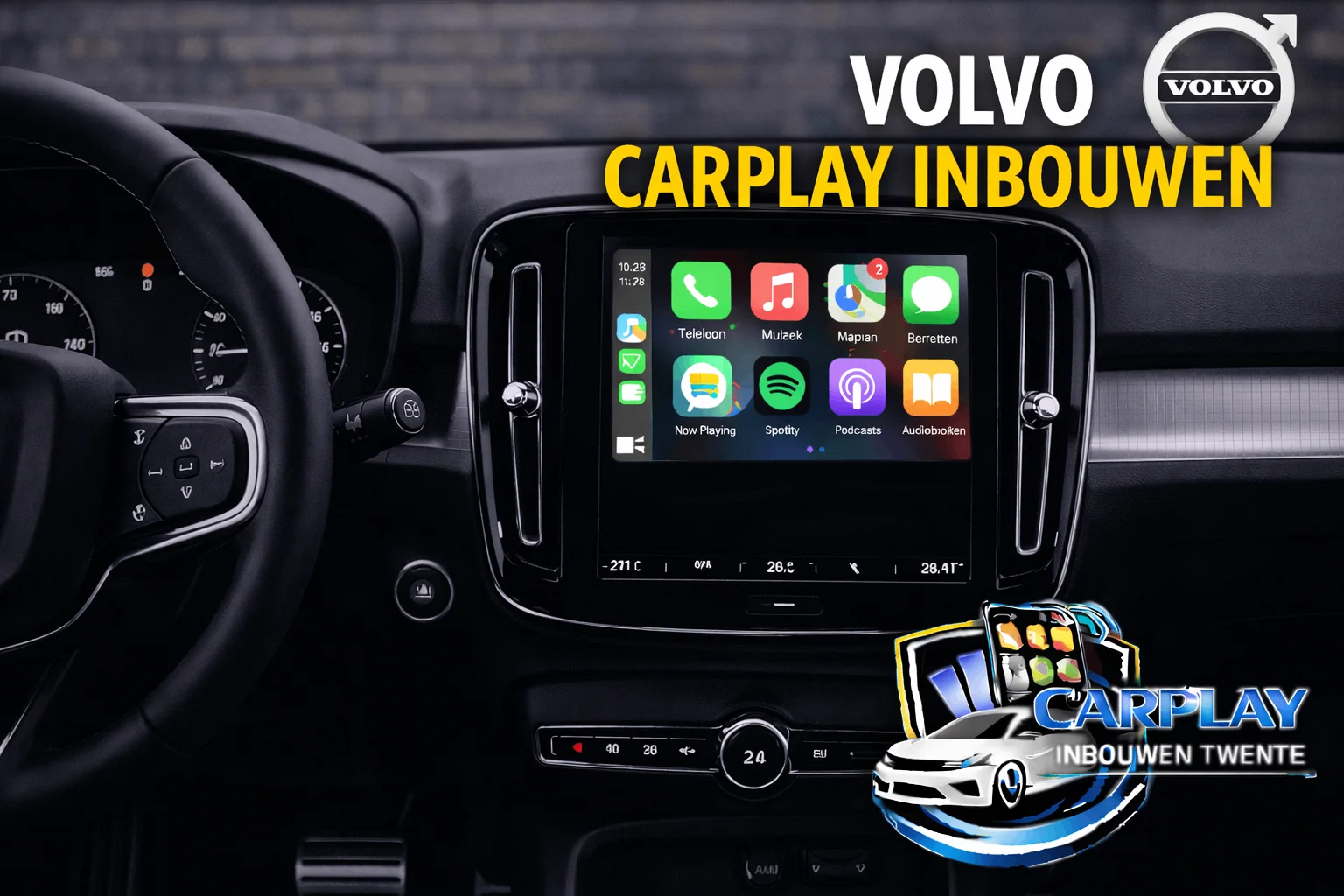 Close-up van Volvo V40 dashboard met Apple CarPlay interface